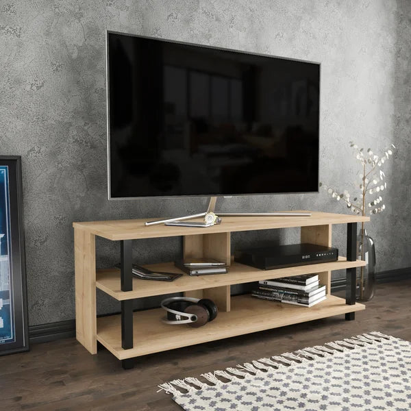Black/Oak Aleysa TV Stand for TVs up to 50" Four Exterior Shelves Provide Storage Space