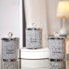 Crushed Diamond Glass 3 Piece Coffee Tea & Sugar Set Modern Home Decoration