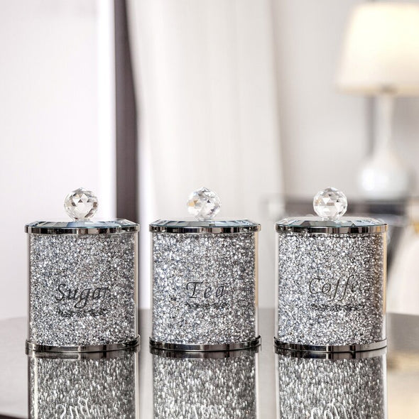 Crushed Diamond Glass 3 Piece Coffee Tea & Sugar Set Modern Home Decoration