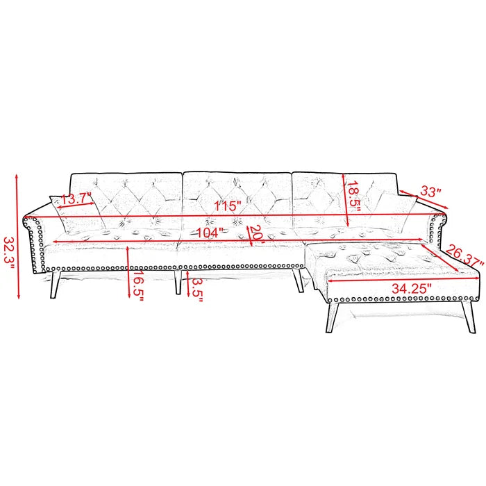 Navy Blue Velvet 115" Wide Velvet Reversible Sleeper Sofa and Chaise Converts To A Comfortable Full-Size Bed