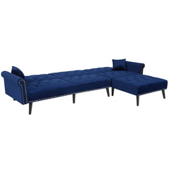 Navy Blue Velvet 115" Wide Velvet Reversible Sleeper Sofa and Chaise Converts To A Comfortable Full-Size Bed