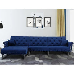 Navy Blue Velvet 115" Wide Velvet Reversible Sleeper Sofa and Chaise Converts To A Comfortable Full-Size Bed