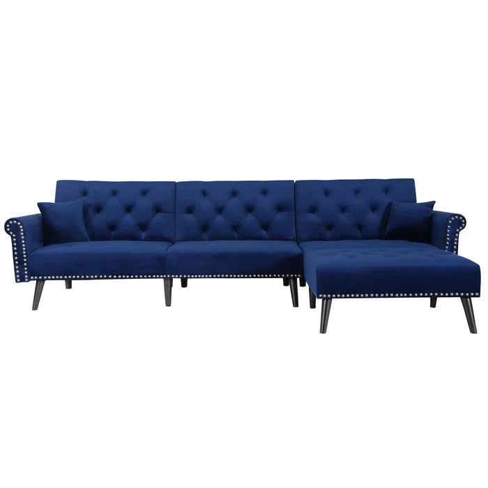 Navy Blue Velvet 115" Wide Velvet Reversible Sleeper Sofa and Chaise Converts To A Comfortable Full-Size Bed