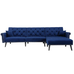 Navy Blue Velvet 115" Wide Velvet Reversible Sleeper Sofa and Chaise Converts To A Comfortable Full-Size Bed