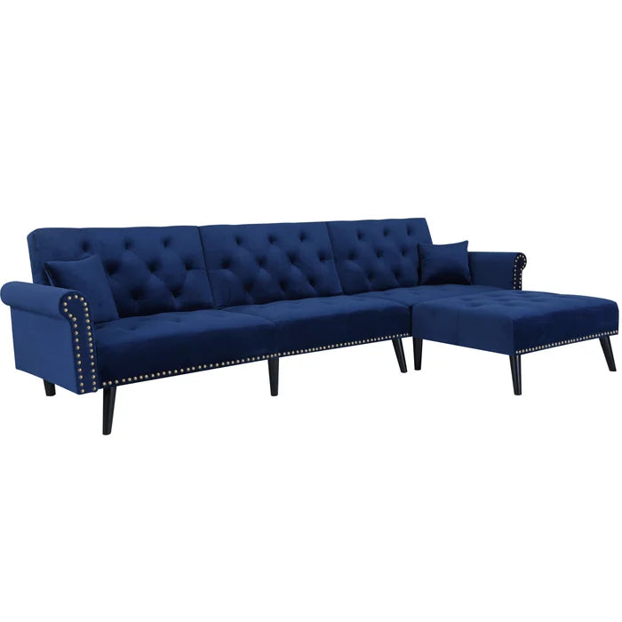 Navy Blue Velvet 115" Wide Velvet Reversible Sleeper Sofa and Chaise Converts To A Comfortable Full-Size Bed