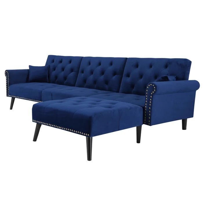 Navy Blue Velvet 115" Wide Velvet Reversible Sleeper Sofa and Chaise Converts To A Comfortable Full-Size Bed