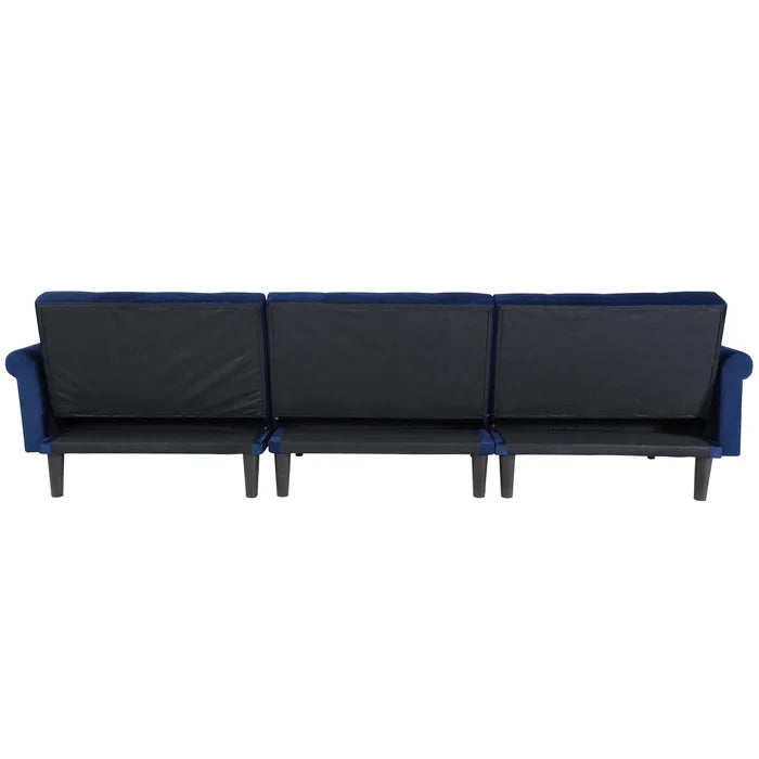 Navy Blue Velvet 115" Wide Velvet Reversible Sleeper Sofa and Chaise Converts To A Comfortable Full-Size Bed