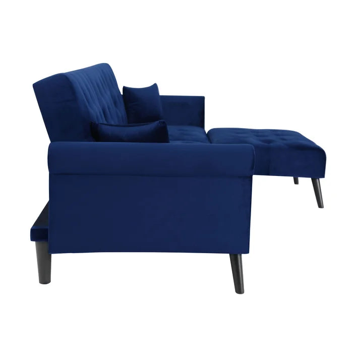 Navy Blue Velvet 115" Wide Velvet Reversible Sleeper Sofa and Chaise Converts To A Comfortable Full-Size Bed