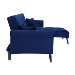 Navy Blue Velvet 115" Wide Velvet Reversible Sleeper Sofa and Chaise Converts To A Comfortable Full-Size Bed