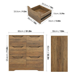 Rustic Brown 6 Drawer 31.5'' W Double Dresser Modern Double Six Chest of Dresser with Unique Cut-Out Drawer Handles and Ample Desktop for Home Office