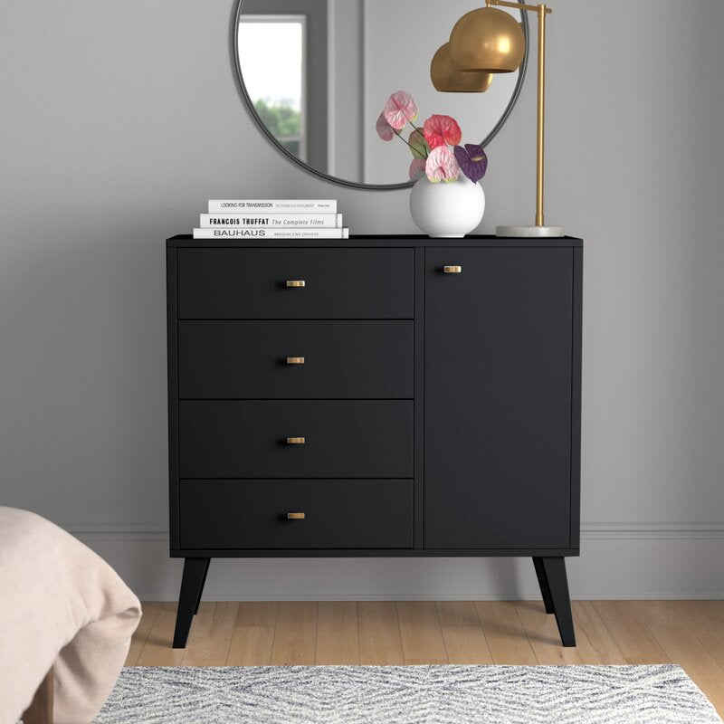Black Alyssa 4 Drawer 37.5'' W Combo Dresser  Features a Modern Take on a Retro Look