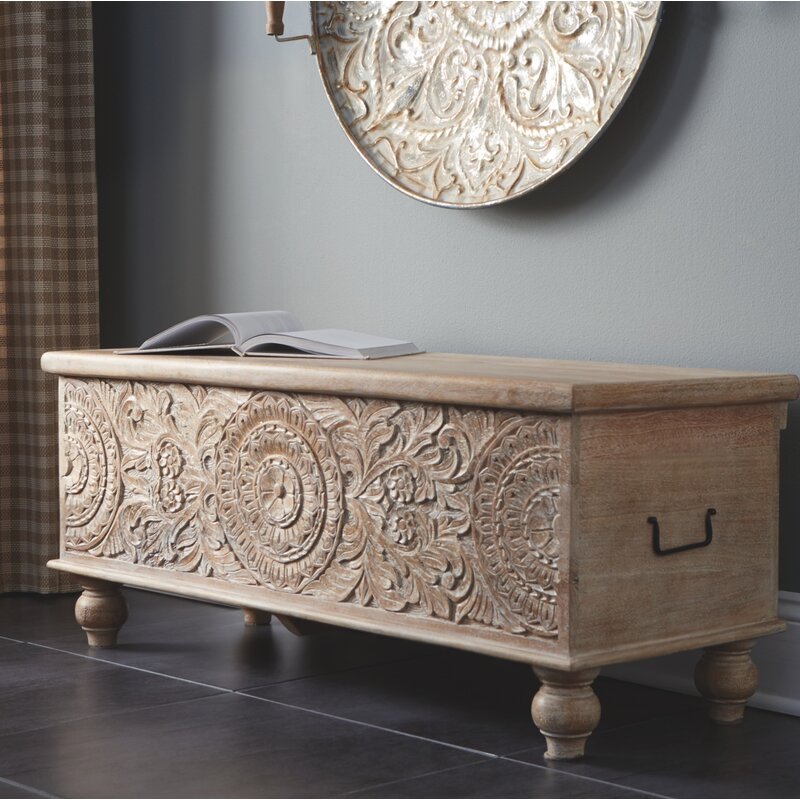 Amirah Wood Flip Top Storage Bench Crafted of Solid Wood in a Natural Finish