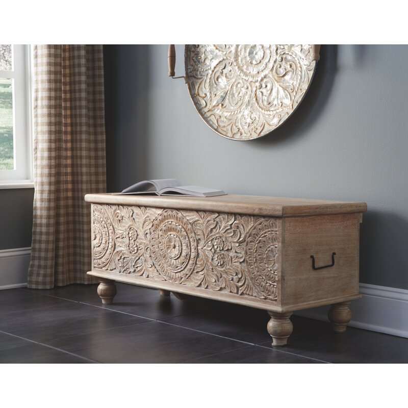 Amirah Wood Flip Top Storage Bench Crafted of Solid Wood in a Natural Finish