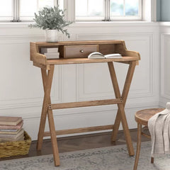 Gray Wash Secretary Desk Manufactured Solid Wood Two X-Shaped Legs