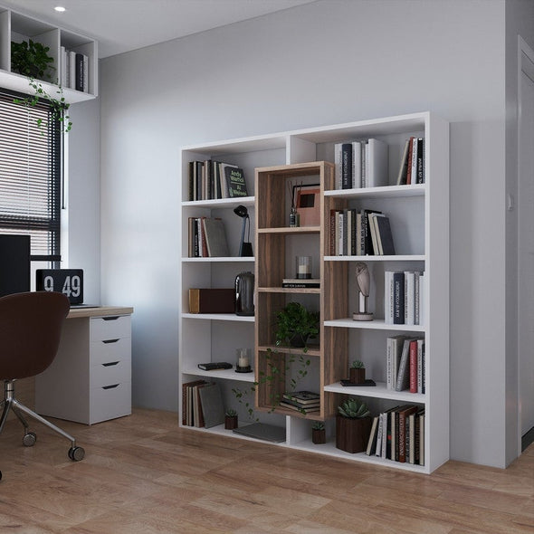 Ample Bookcase - White/Walnut Great for Living Room, Dining Room, Entryway Bedroom, Perfect for Any Room