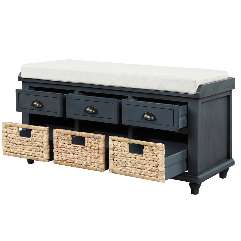 Antique Navy Rustic Storage Bench Entryway With 3 Drawers And 3 Rattan Baskets Shoe Storage Bench With Removable Cushion