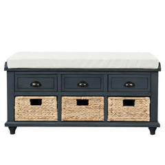 Antique Navy Rustic Storage Bench Entryway With 3 Drawers And 3 Rattan Baskets Shoe Storage Bench With Removable Cushion