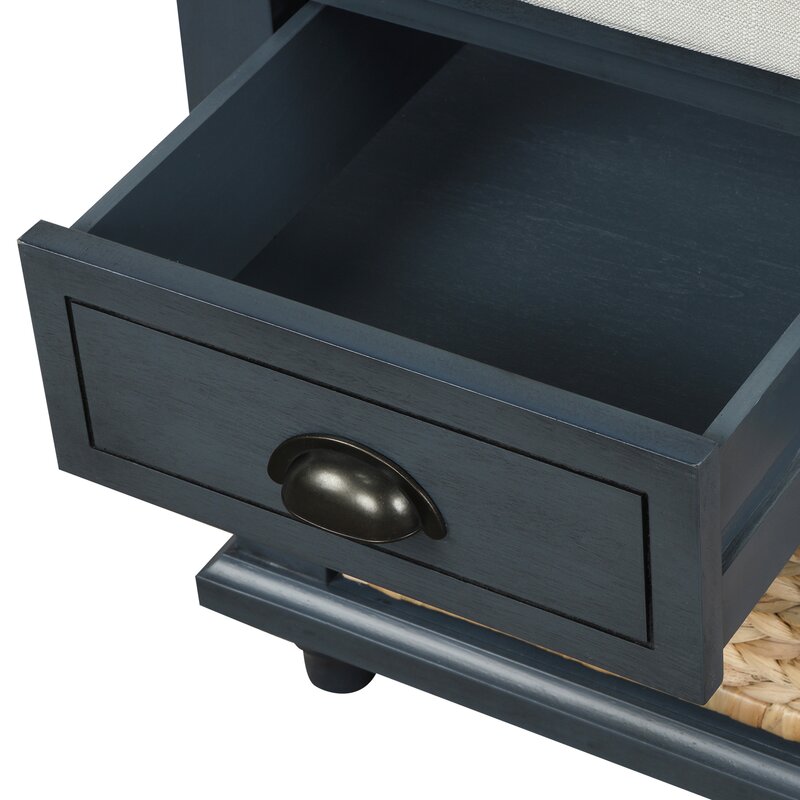 Antique Navy Rustic Storage Bench Entryway With 3 Drawers And 3 Rattan Baskets Shoe Storage Bench With Removable Cushion
