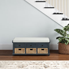 Antique Navy Rustic Storage Bench Entryway With 3 Drawers And 3 Rattan Baskets Shoe Storage Bench With Removable Cushion