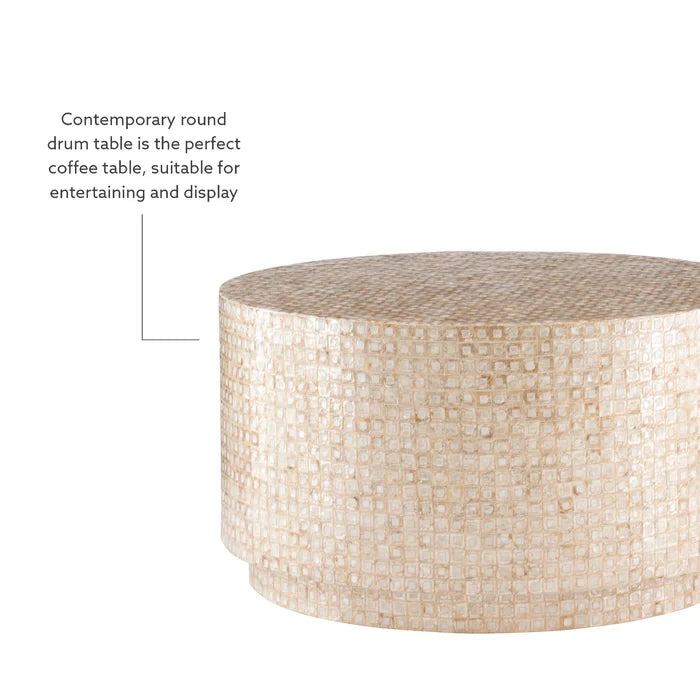 Anika Drum Coffee Table Features a Capiz Shell Finish in a Two Toned Gold