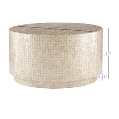 Anika Drum Coffee Table Features a Capiz Shell Finish in a Two Toned Gold