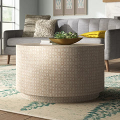 Anika Drum Coffee Table Features a Capiz Shell Finish in a Two Toned Gold
