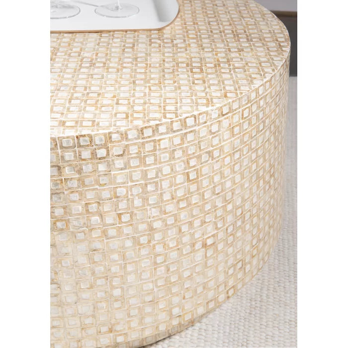 Anika Drum Coffee Table Features a Capiz Shell Finish in a Two Toned Gold