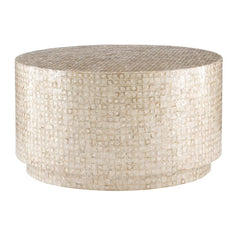 Anika Drum Coffee Table Features a Capiz Shell Finish in a Two Toned Gold