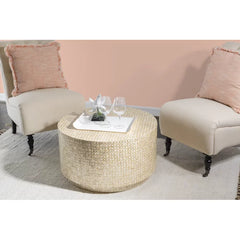 Anika Drum Coffee Table Features a Capiz Shell Finish in a Two Toned Gold