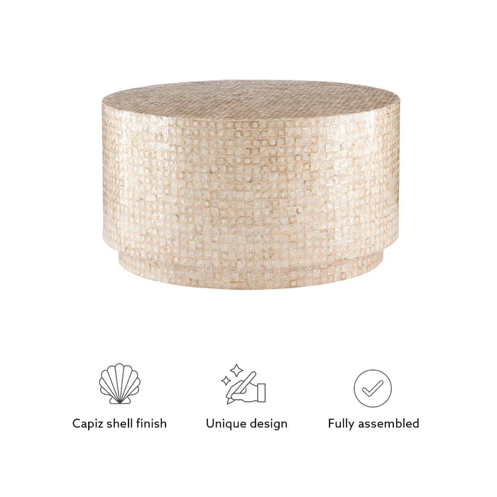 Anika Drum Coffee Table Features a Capiz Shell Finish in a Two Toned Gold