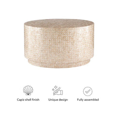 Anika Drum Coffee Table Features a Capiz Shell Finish in a Two Toned Gold