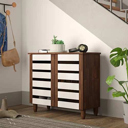 9 Pair Shoe Storage Cabinet Engineered Wood In Two-Tone Oak And White