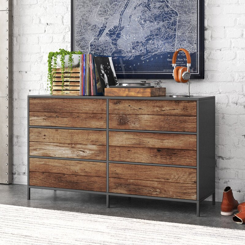 Black/Vintage Oak Anrey 6 Drawer 57.55'' W Modern Minimalist Look