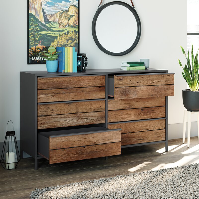 Black/Vintage Oak Anrey 6 Drawer 57.55'' W Modern Minimalist Look