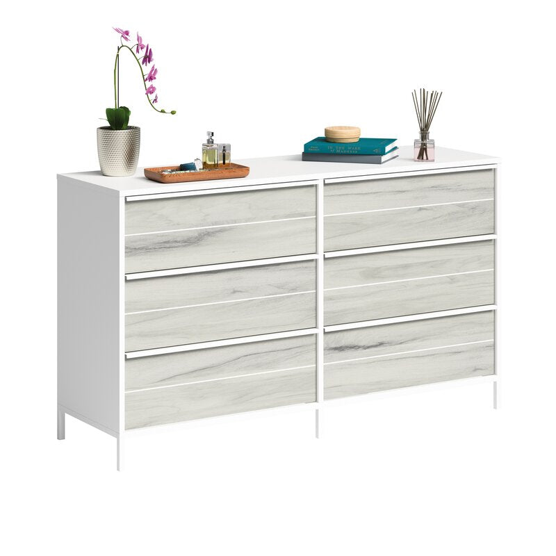 White Anrey 6 Drawer 57.55'' W Vintage Inspired Oak Accents