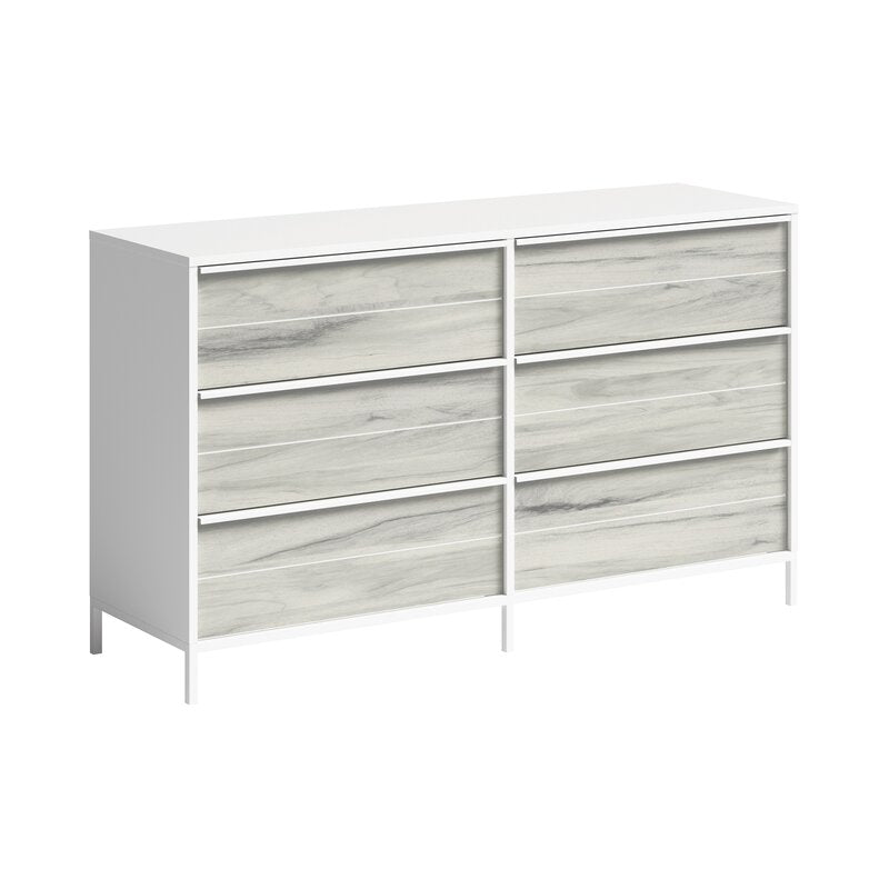 White Anrey 6 Drawer 57.55'' W Vintage Inspired Oak Accents