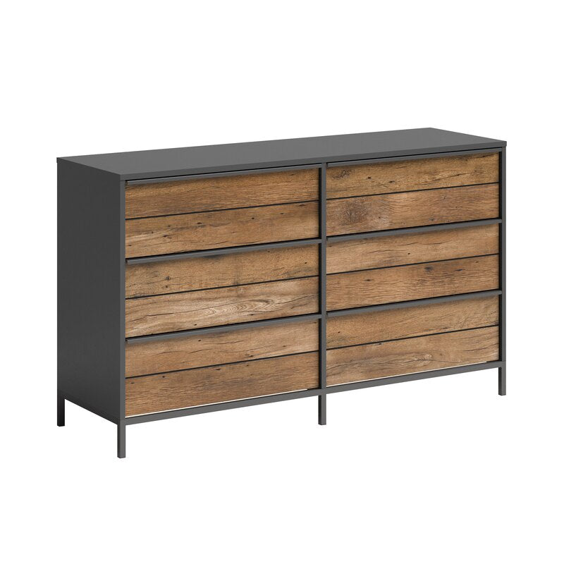 Black/Vintage Oak Anrey 6 Drawer 57.55'' W Modern Minimalist Look