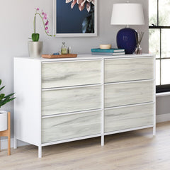 White Anrey 6 Drawer 57.55'' W Vintage Inspired Oak Accents