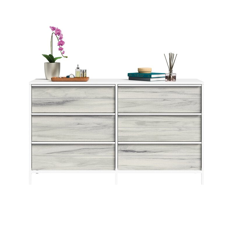 White Anrey 6 Drawer 57.55'' W Vintage Inspired Oak Accents