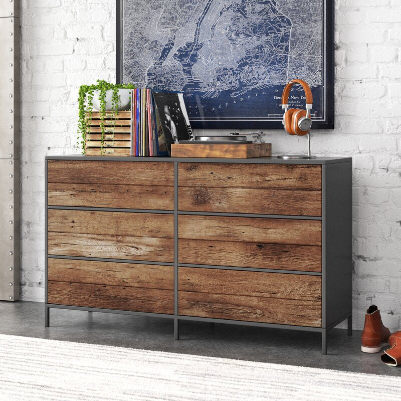 Black/Vintage Oak 6 Drawer 57.55'' W Helps you to Organize your Wardrobe While Also Infusing your Bedroom with Rustic Style