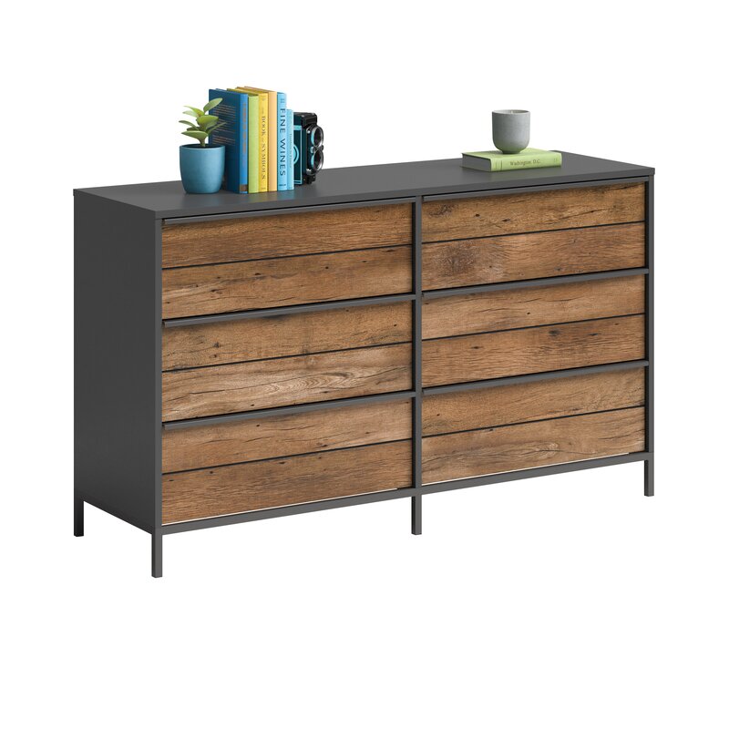 Black/Vintage Oak Anrey 6 Drawer 57.55'' W Modern Minimalist Look