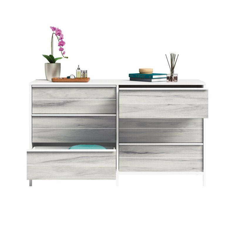 White Anrey 6 Drawer 57.55'' W Vintage Inspired Oak Accents