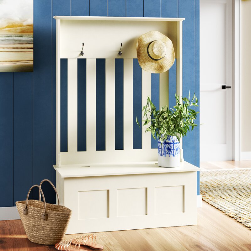 White 42'' Wide Hall Tree with Bench Three Double-Prong Metal Hooks
