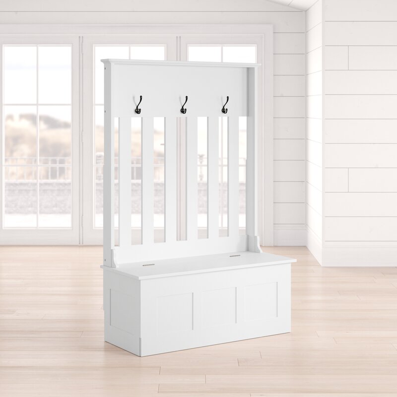 White 42'' Wide Hall Tree with Bench Three Double-Prong Metal Hooks