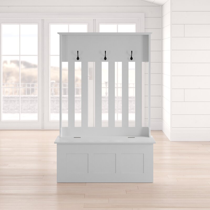 White 42'' Wide Hall Tree with Bench Three Double-Prong Metal Hooks