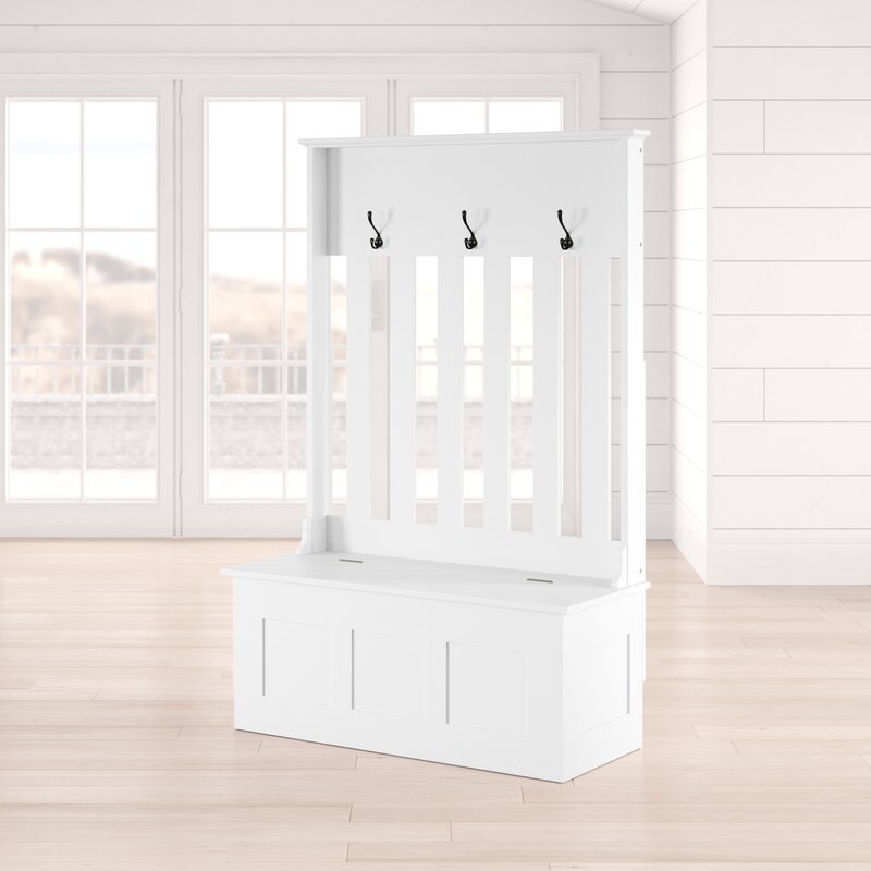 White 42'' Wide Hall Tree with Bench Three Double-Prong Metal Hooks