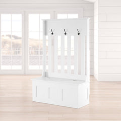 White 42'' Wide Hall Tree with Bench Three Double-Prong Metal Hooks