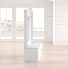 White 42'' Wide Hall Tree with Bench Three Double-Prong Metal Hooks