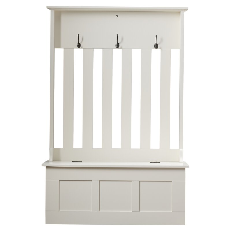 White 42'' Wide Hall Tree with Bench Three Double-Prong Metal Hooks