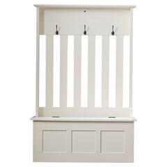 White 42'' Wide Hall Tree with Bench Three Double-Prong Metal Hooks